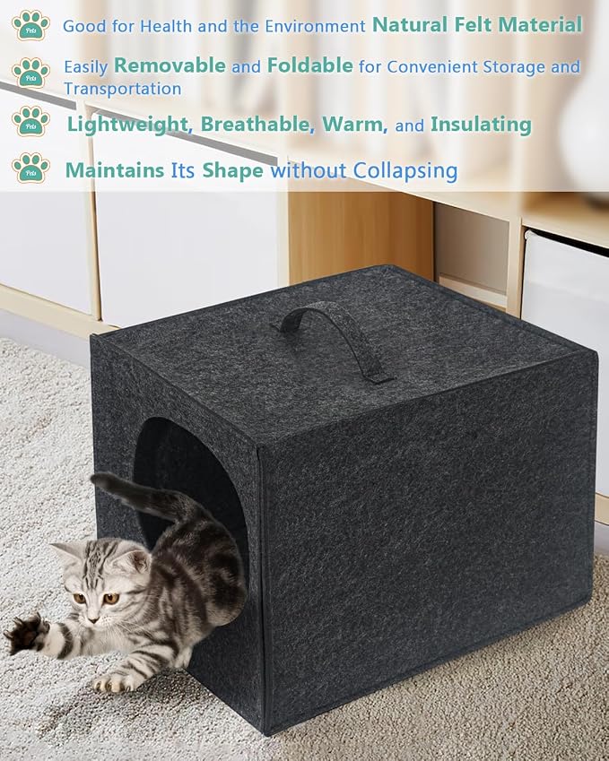 Cat Cave - 13 Inches Large House Hideout for Indoor Cats, Felt Bed With Pillow Inside, Cube Box, Cubby Covered Bed, Hut