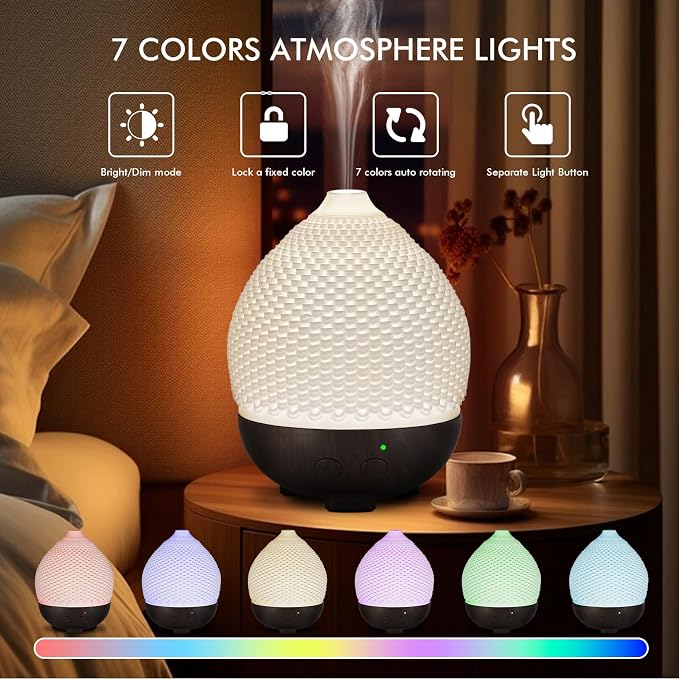 Essential Oils Diffuser Ceramic 250ml - Ultrasonic Aromatherapy Diffuser 3D Printing Dome, Cool Mist Air Freshener with 2 Mist Modes 7 Colors LED Lights, Auto Shut-Off Protection for Home Office Decor