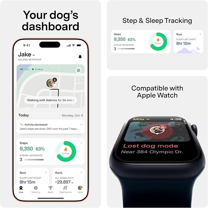 Fi Series 3+ GPS Dog Collar Small Yellow, Tracker with 6-Month Plan | Waterproof build, LED safety light, escape alerts, nationwide coverage, iOS and Android app, activity monitoring