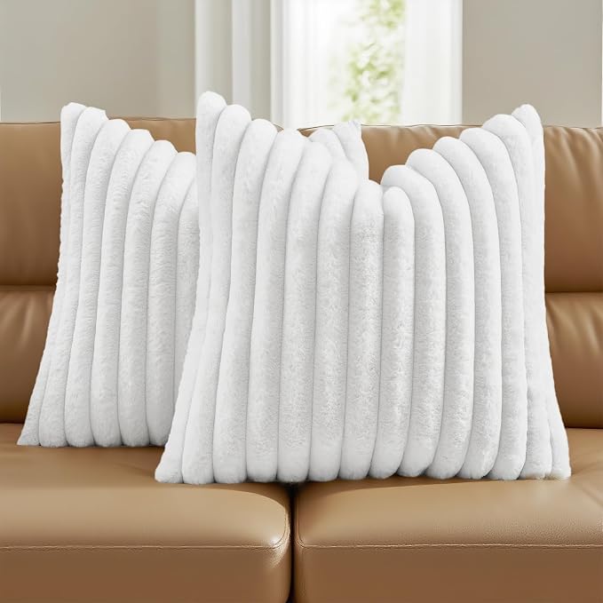 FUTEI Pack of 2 Faux Fur Throw Pillow Covers 18x18 Inch, White | Fluffy Faux Rabbit Fur Front/Premium Velvet Back,Hidden Zipper,Machine Washable,Non-Shedding,Colorfast,Insert Not Included.