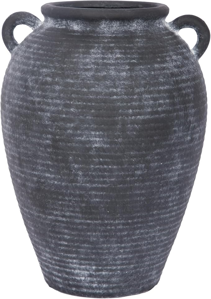 8.7" Black Ceramic Vase with Handles for Home Decor | Black pottery vase with handles; small black vase, watertight for fresh flowers, pampas grass, shelves, mantels and tables