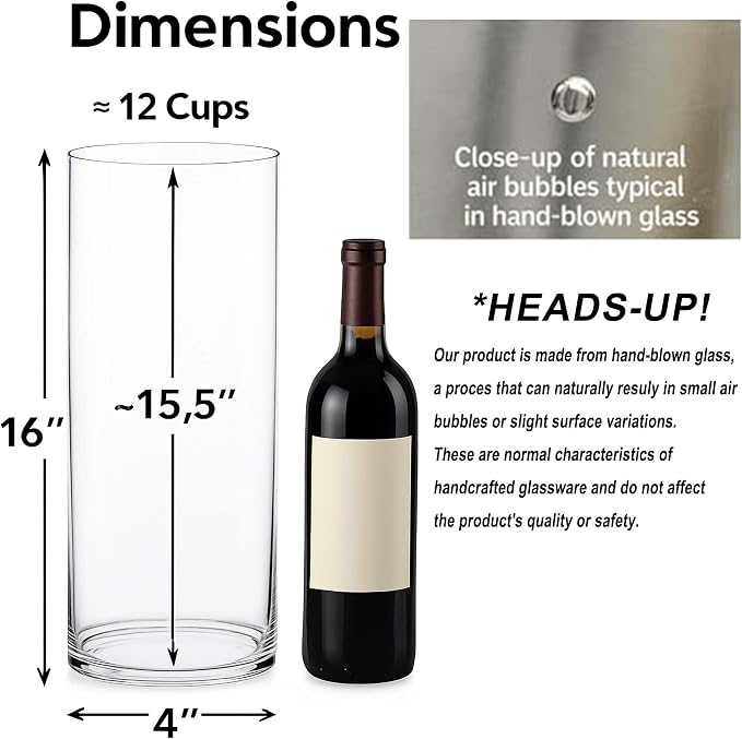 CYS Excel (H:16” D:4”) Tall Clear Glass Cylinder Vase | Multiple Size Choices Glass Flower Vase Centerpieces | Tall Hurricane Floating Candle Holder