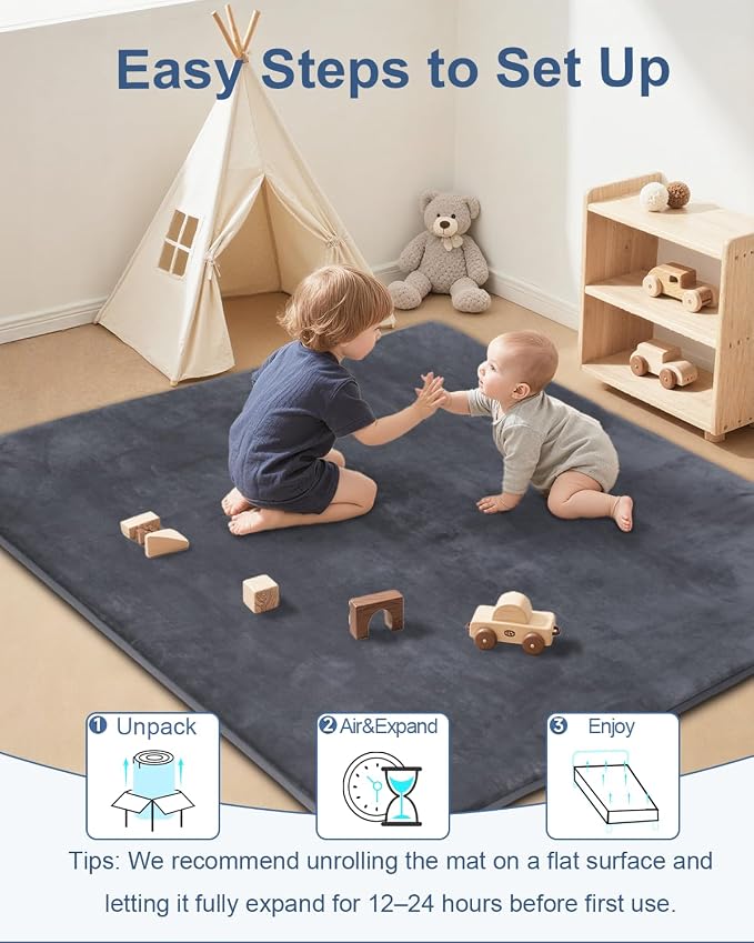 Thick Baby Play Mat for Floor,59 x 71 Playpen Mat,Large Tummy Time Foam Mats,Soft Surface & Plush Feel Nursery Rug,Easy Care with Non-Slip Cushioned for Infant,Kids and Toddler Crawling,Dark Grey