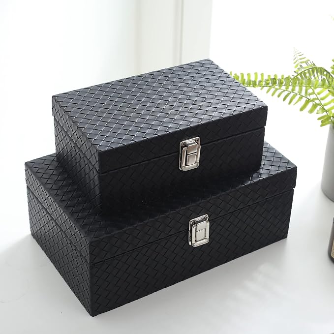 Faux Leather Decorative Jewelry Storage Organizer Boxes Set of 2, Black | Modern Black Box for Vanity, Entryway & Coffee Table Décor