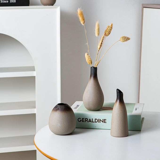 Tanvecle Rustic Ceramic Bud Vase Set of 11, Small Vases for Pampas Grass, Flowers, Modern Farmhouse for Home Decor, Vintage Decor, for Living Room, Dining Table & Shelves