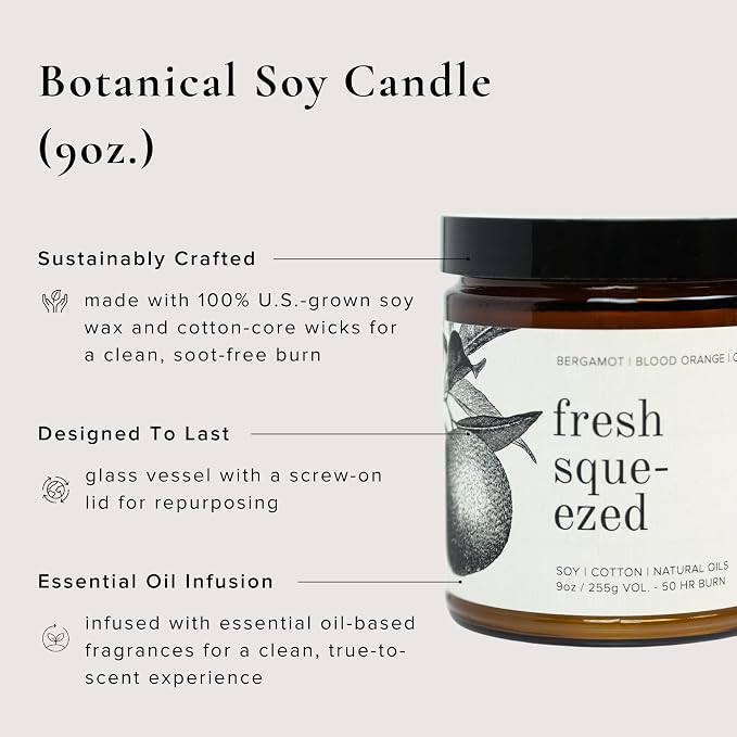 Broken Top Fresh Squeezed Pure Soy Candle | 9 oz. | Bergamot, Blood Orange & Cedar 50-Hour Burn Time. Natural Cotton Wick, Vegan, No Parabens, No Phthalates