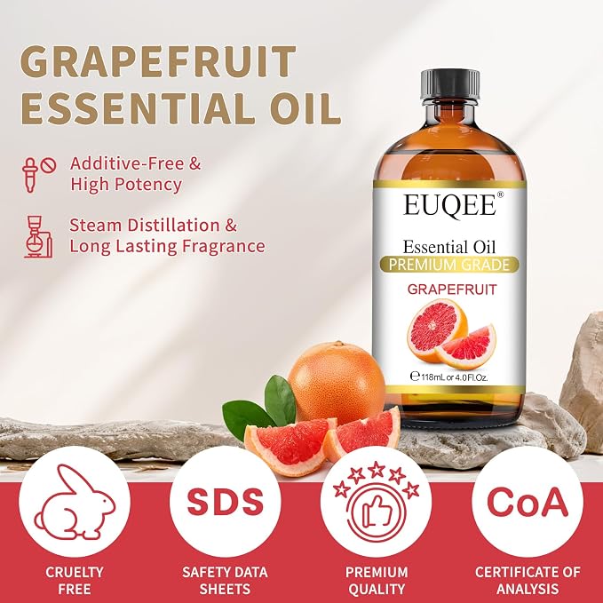EUQEE Grapefruit Essential Oil 118mL Pure Grapefruit Oil, Large Capacity Essential Oil with Glass Dropper for Diffuser, Aromatheraphy, DIY Soap (4fl.oz)