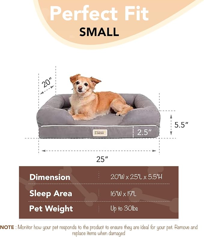 Friends Forever Orthopedic Dog Bed, Memory Foam Pet Sofa, Calming Dog Couch, Water Resistant Pet Bed, Washable Cover, Non-Slip Bottom, Chester, Cocoa Brown, 25" x 20" x 5.5"