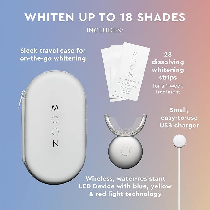 MOON Teeth Whitening Kit, Platinum Teeth Whitener LED Device, 28 Dissolving White Strips, Yellow, Blue & Red Light Whitening Tray for Gum Health & Fresh Breath, Whitens Up to 18 Shades (4 Piece Kit)
