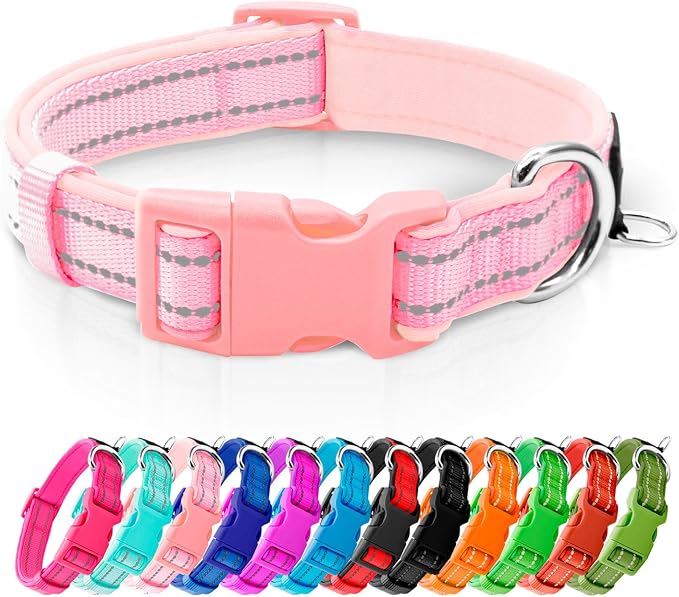 azuza Reflective Dog Collar, Neoprene Padded Small Dog Collar, Pink, S