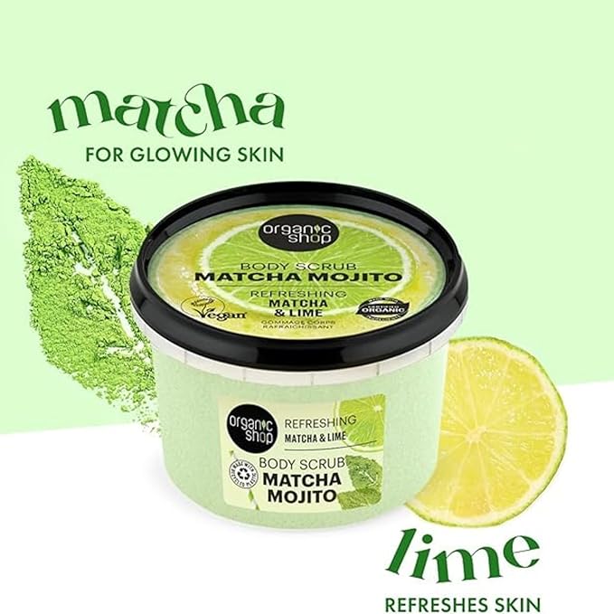 Organic Shop Matcha & Lime, Refreshing & Exfoliating Body Scrub, 100% Vegan & Organic, Daily Exfoliant, Detox & Moisturizer, Body, Face, Hand & Foot, Intensive Care & Skin Toning. 250ml.