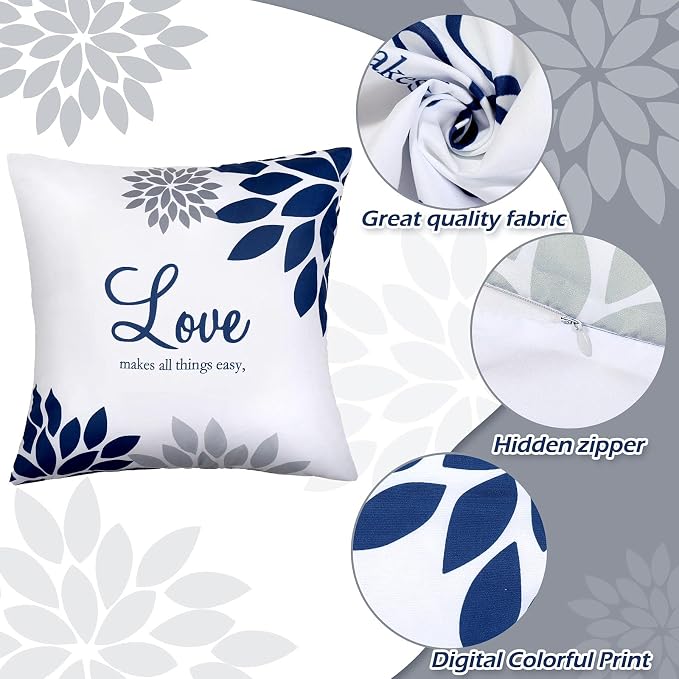 Tatuo 4 Pcs Flower Pillow Covers Square 18 x 18 Inch Gray Series | Pillow Cushion Cases for Sofa Bed, Family Faith Hope Love Words, Decorative Flower Pattern, Living Room Home Decor