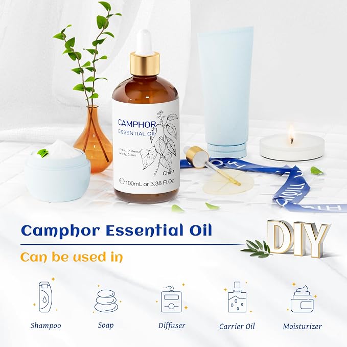 HIQILI Camphor Essential Oil for Aromatherapy, Diffuser, Massage | Skin Care, DIY Blends, Candle & Soap Making, with Dropper & Empty Bottle - 100mL / 3.38 fl oz