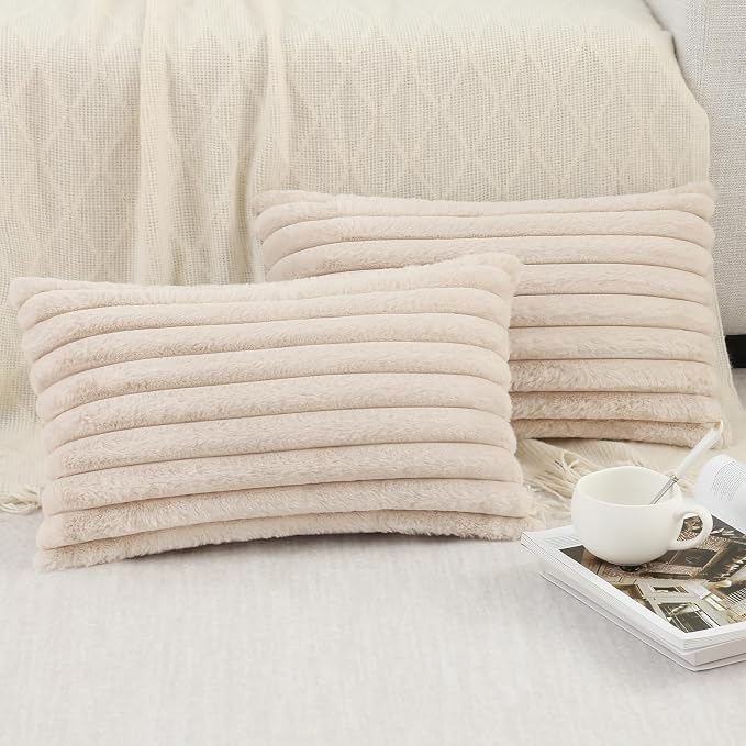 Pallene Faux Fur Decorative Throw Pillow Covers 12x20 Set of 2, Apricot | Luxury Plush Texture, Striped Design, Cozy Soft Touch, Modern Home Accent Decor for Couch, Sofa, Bed, Living Room