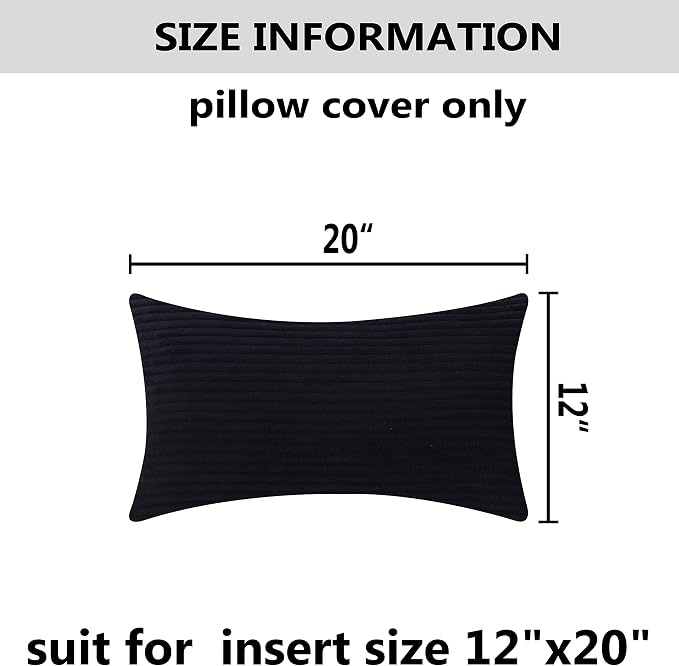 Home Brilliant Summer Decor 12x20 Pillow Cover Rectangle Striped Corduroy Solid Cushion Cover Throw Oblong Pillowcase for Lumbar, 12 x 20, Black