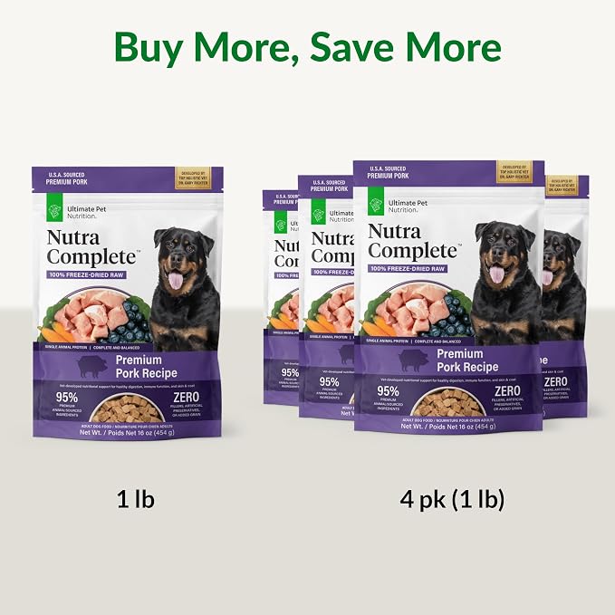ULTIMATE PET NUTRITION Nutra Complete Freeze-Dried Raw Dog Food, Pork 1lb | Vet-formulated with antioxidants, prebiotics, & amino acids, full meal or topper for adult canines, all breeds & sizes