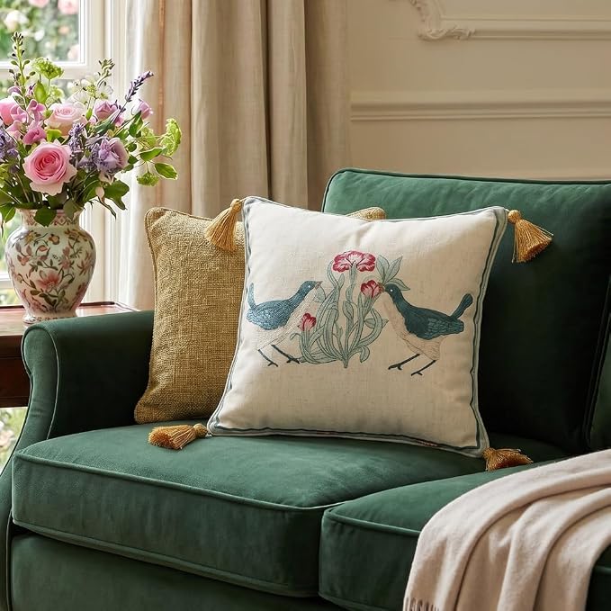 patdrea French Vintage Linen Throw Pillow Cover,18"x18",Set of 2-Cecilia E | Decorative Pillow Case with Zipper,Green Floral Pattern,Cushion Coverfor Couch Living Room Bedroom Sofa