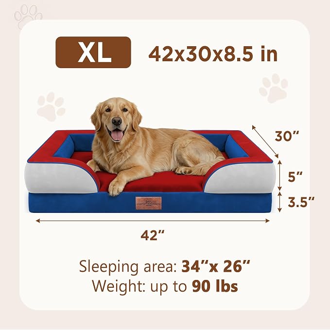 Comfort Expression Orthopedic Dog Bed for Extra Large Dogs with Bolster | Waterproof Dog Couch Bed with Washable Cover & Non-Slip Bottom, Supportive Egg Crate Foam XL Pet Bed, 42x30 Inch