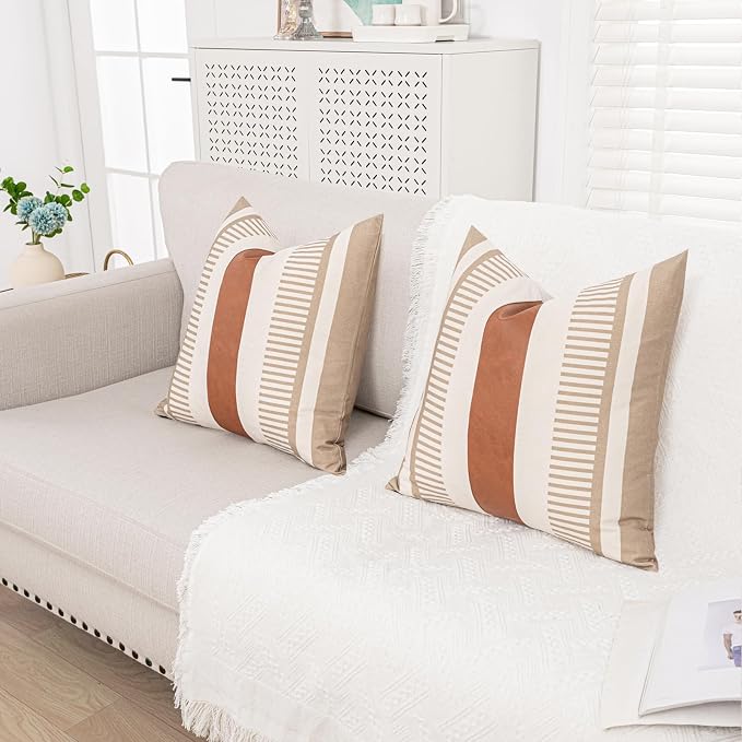 2 Pack 20x20 Inch Pillow Covers - Brown Faux Leather & Tan Stripe Print Soft Canvas Splicing, Same Pattern Both Sides | for Sofa Couch Bed Living Room, Farmhouse Industrial Minimalist Decor