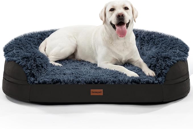 Fluffy Calming Jumbo Orthopedic Dog Beds for Extra Large Dogs, Supportive Dog Sofa Bed with 3.7 inch 28D Egg-Crate Foam, Removable Washable Plush Cover, Waterproof Lining, 48’’,Brown