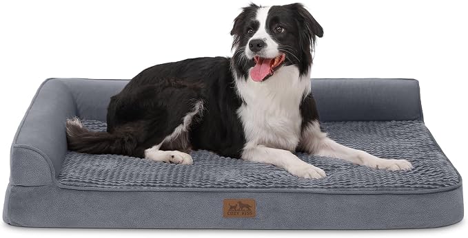 COZY KISS Orthopedic Dog Bed for Extra Large Dogs, L Shaped XL 42x30 inch | Non-Slip Bottom Soft Pet Sofa with Washable Removable Waterproof Cover, Egg-Crate Foam Couch with Portable Handle, Grey