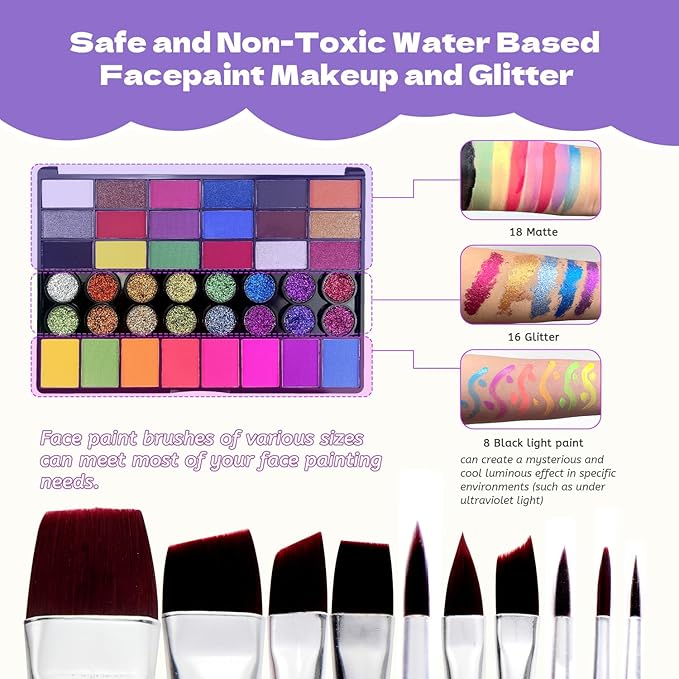 PINTADA 42 Color Face Painting Kit for Kids + 30g Black & White - Non Toxic Water Activated Face paint palette with Stencils, Brushes, Gems - For Halloween Makeup, Carnival, Parties & Cosplay