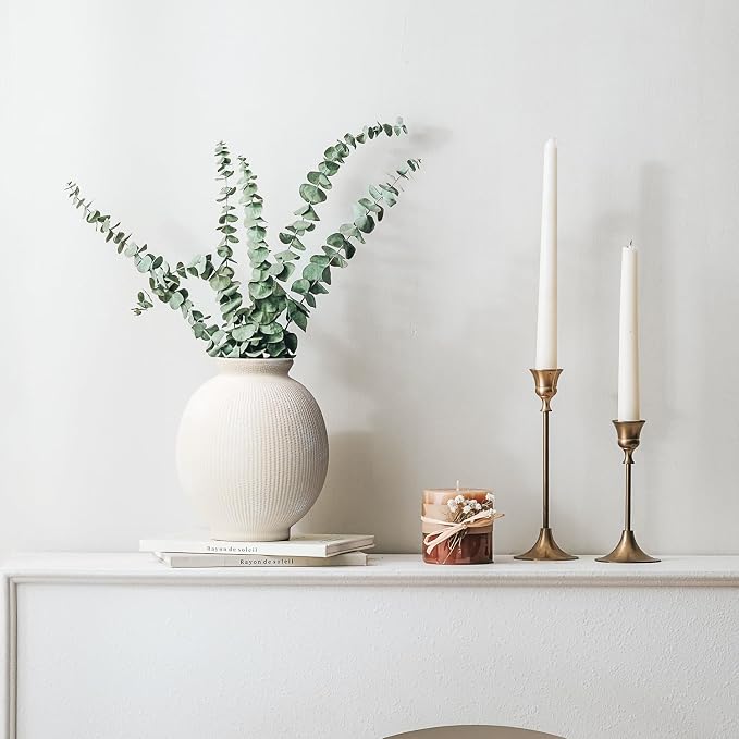 Ceramic Decorative Flower Vase - Rustic Farmhouse Boho Ceramic Vase for Home Decor, Table Centerpiece, Living Room, Bathroom, Book Shelf, Mantel Decoration, Wedding Decor (6.8" White)