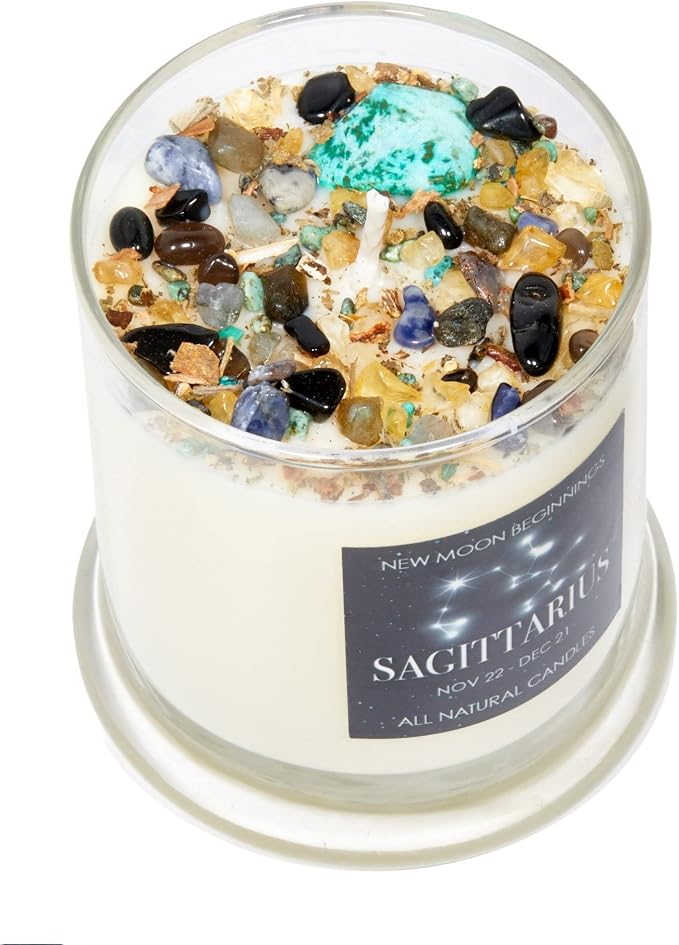 Sagittarius Zodiac Candle (Nov. 22 - Dec. 21) - Soy Candle - All Natural Aromatherapy Candle - Sagittarius Horoscope Candle - Crystal Candles - 12 oz Glass Jar
