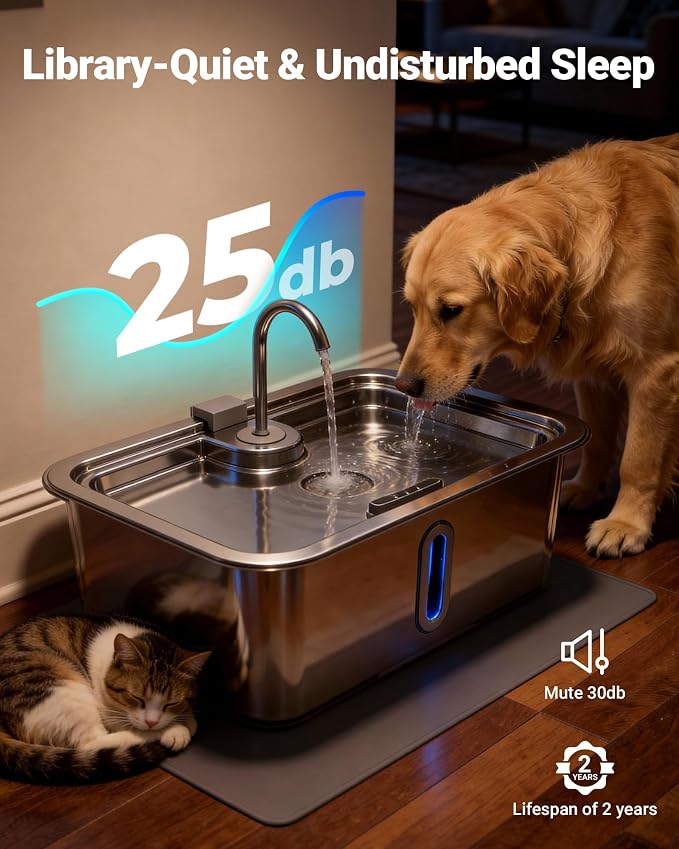 18L/4.76Gal Extra Large Dog Water Fountain with Silicone Mat & 3 Filters | Quiet Pet Water Fountain for Large Breeds, Stainless Steel Dog Water Bowl Dispenser with Visible Window & Alert Light