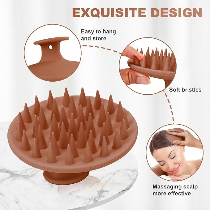 Meartchy Silicone Scalp Massager Shampoo Brush, Scalp Brush for Hair Growth & Dandruff Removal, Hair Scrubber Scalp Stimulator Exfoliator Brush with Soft Bristles for Wet Dry Scalp Care (Brown)