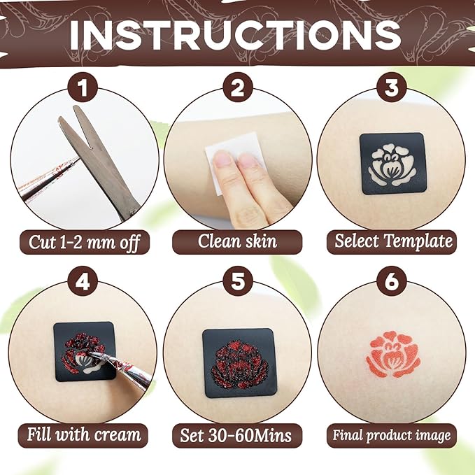 Temporary Tattoo Stencil Kit 10 Sheets, 6 Pcs Tattoo Cones 3 Color (Black/Brown/Cherry Red) with Brush/cotton swabsTool, India Art Skin Painting Designs for Women Men Kids DIY Gifts