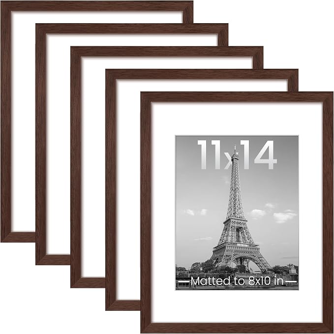 upsimples 11x14 Picture Frame, Gallery Wall Frames Set of 5, Brown | Photo Frame Collage Wall Decor, 11 x 14 Frame, 8x10 Frame with Mat for Family, Baby, Hallway, Diamond, Christmas