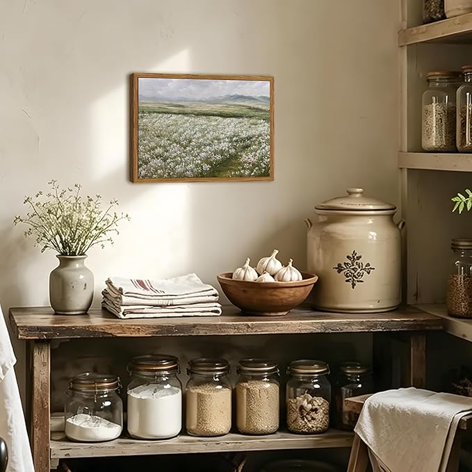 Framed Vintage Landscape Wall Art, Country Wildflower Field Pictures Wall Decor, Rustic Nature Flower Paintings Canvas Prints Farmhouse Home Decor for Living Room Bedroom Bathroom 8x10 inch