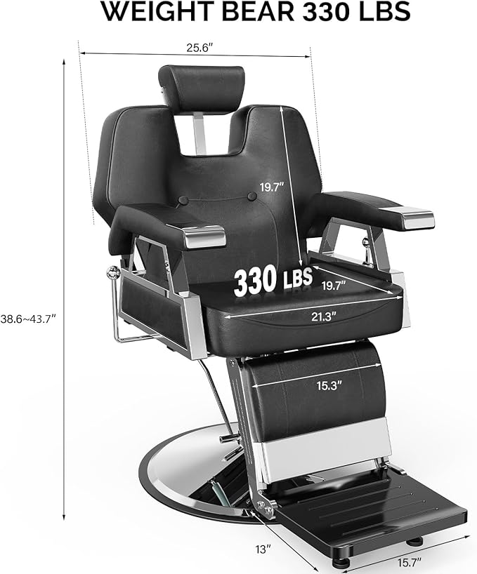 OmySalon Classic Barber Chair with 2 Hand Levers, Reclining Salon Chair for Hair Stylist All Purpose Heavy Duty, Adjustable Headrest, Tattoo Barbershop Beauty Spa Equipment