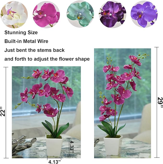 22" Fuchsia Faux Orchid in Ceramic Vase for Table Décor | Real Look Potted Phalaenopsis, Ideal Centerpiece for Home, Office, or Indoor Display, Lifelike Silk Flowers, No Maintenance