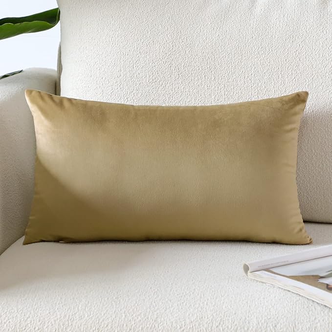 Artscope Luxury Velvet Pillow Covers Super Soft Decorative Square Throw Pillow Covers Case Cushion Covers for Sofa Couch Bedroom Car Decor 12x20 Inch Tan
