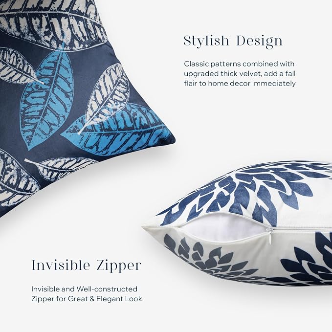 Phantoscope Set of 4 New Living Series Velvet Pillow Leaf Geometric Throw Decorative Velvet Pillow Cover Cushion Cover, Dark Blue 20 x 20 inches 50 x 50 cm