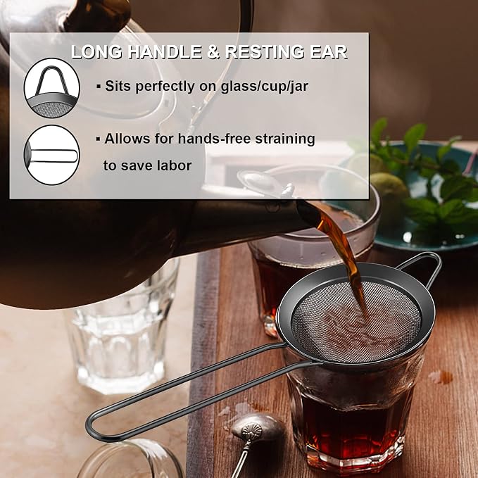 Black Small Strainer Set of 2, E-far 3.3 Inches Stainless Steel Fine Mesh Sieve with Long Handle, Metal Conical Strainers for Tea Cocktail Coffee Food, Rust Proof & Easy to Clean