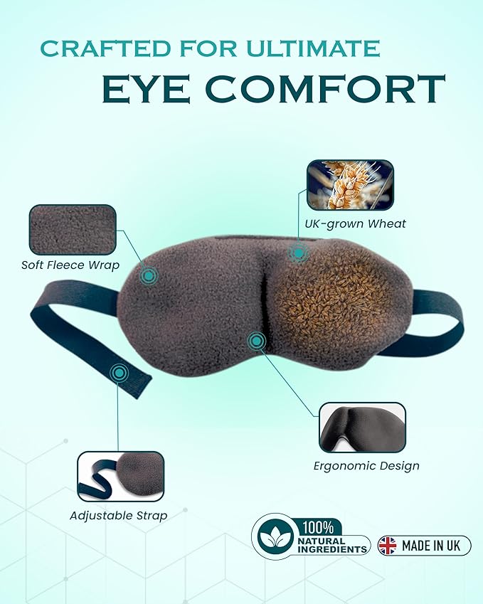 Microwavable Heated Eye Mask for Dry Eyes - Warm Eye Compress with Soft Fleece, Cleaned Wheat & Elasticated Strap - Relaxing Hot Eye Compress for Headaches, Sinus, Sore Cheeks, Tension