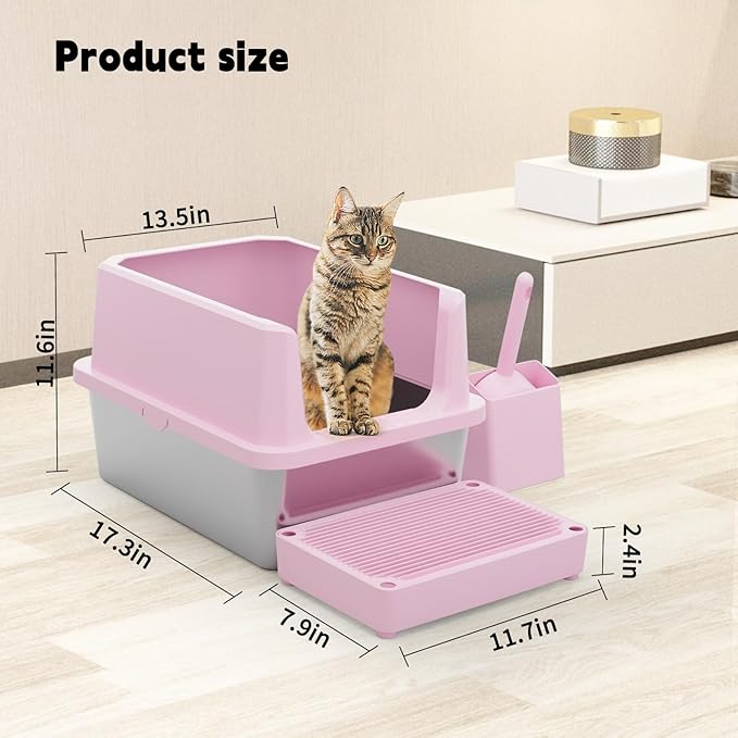 RIZZARI Cat Litter Box Anti-Scatter: Open-Room for Large Cats & Multi-Home | Odor-Free Steel Pan / Paw-Massage Entry Trap / Raised Anti-Spill Edges / Fits Maine Coon & 2+ Cats / Easy-Scoop Open View
