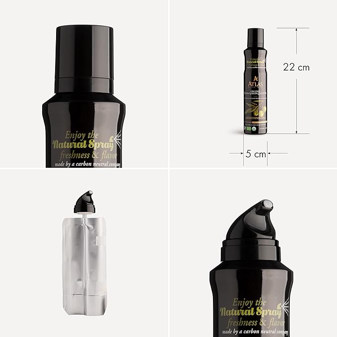 Olive Oil Spray by Atlas, Dual Function Olive Oil Cooking Spray and Stream, 5.4 fl oz, Extra Virgin, Non Stick, Cold Pressed, Polyphenol Rich, Organic Moroccan EVOO, Hydroxytyrosol, Keto