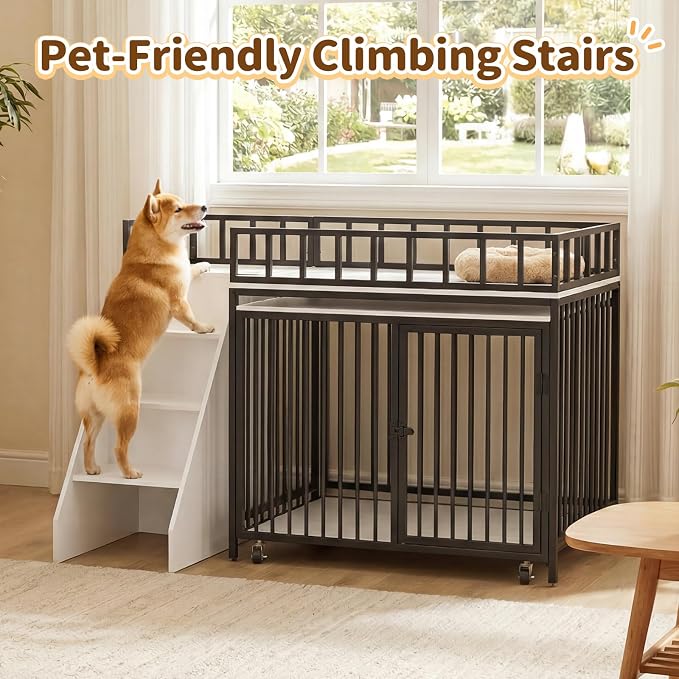 37" Dog Crate Furniture, Wooden Dog Kennel Indoor with Storage (White) | Heavy Duty Pet Cage Indoor for Small & Medium Dogs, Dog Kennel with Storage Shelf, 4 Lockable Wheels and Stairs, Loft-Style
