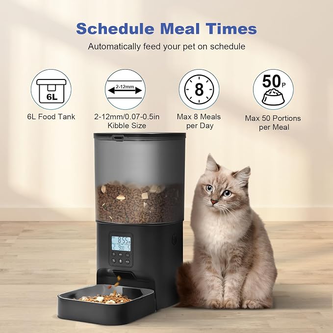 Automatic Cat Feeder, 6L Cat Food Dispenser with 10s Voice Recorder, Pet Feeder up to 8 Meals per Day, Timed Feeder with Dry Food Sealed Ring (Black)