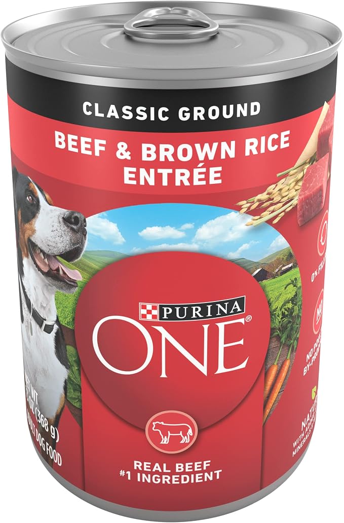 Purina ONE Classic Ground Beef & Rice Wet Dog Food, (12) 13 oz Cans | Complete & balanced for adult dogs, high protein, natural dog food with added vitamins, minerals and nutrients, no fillers