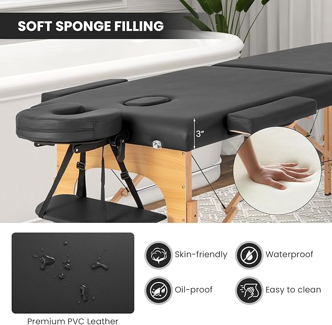 Giantex Massage Table, Portable Massage Bed w/Carrying Case, 2-Section Salon Spa Facial Care Tattoo Bed, Height Adjustable, Wood Frame, Professional Massage Lash Bed for Eyelash Extension (Black)