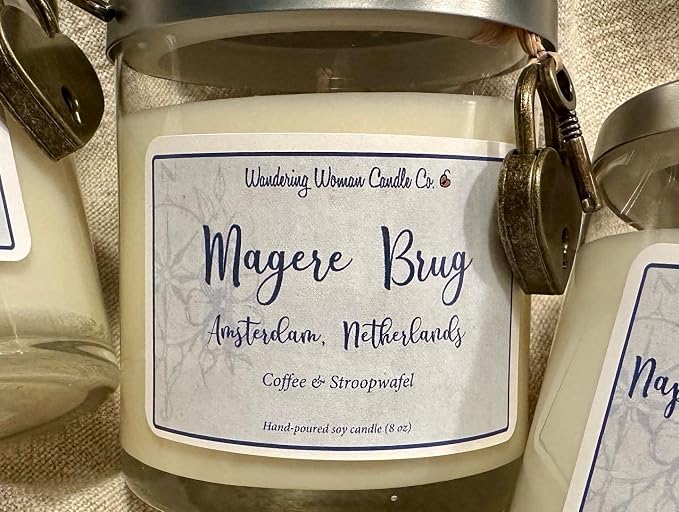 Wandering Woman Candle Company 8 oz Soy Wax Candle (Magere Brug, Amsterdam: Coffee & Stroopwafel)