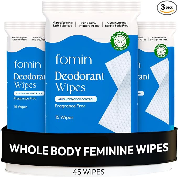 FOMIN Acidified Deodorant Wipes For Women - 45 Count - Fragrance Free – Hypoallergenic, pH Balanced Whole Body Wipes - Plastic-Free, Exfoliating & Advanced Odor Control Underarm Body Wipe