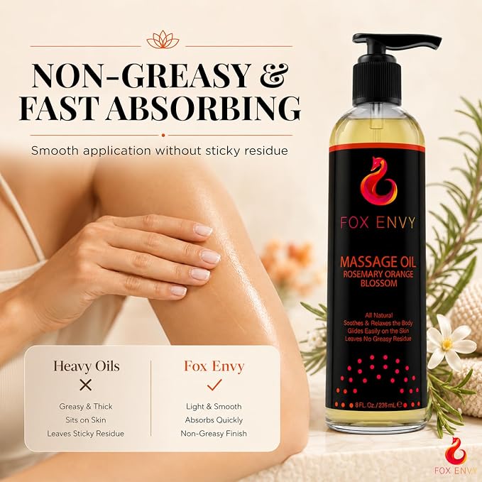 Massage Oil for Couples, Women & Men (1 Bottle, 8 fl oz) - Fox Envy Orange Blossom with Rosemary Scented Sensual Oil with Coconut Oil & Jojoba Oil - Enhances Stimulation for The Body & Muscles