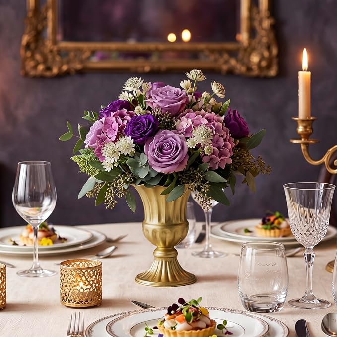 Sziqiqi Gold Metal Compote Vase, Urn Vases for Table Centerpiece, 10Pcs | 6.3in Tall, Golden Vintage Flower Arrangement for Wedding, Pedestal Bowl Planter Pot For Reception, Home, Party Decor