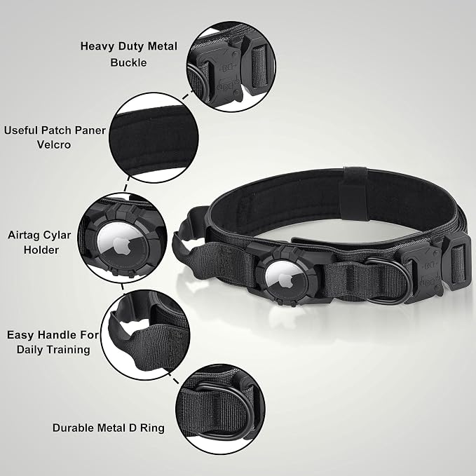 Tactical AirTag Dog Collar Leash Set - Heavy Duty, Adjustable GPS Collar